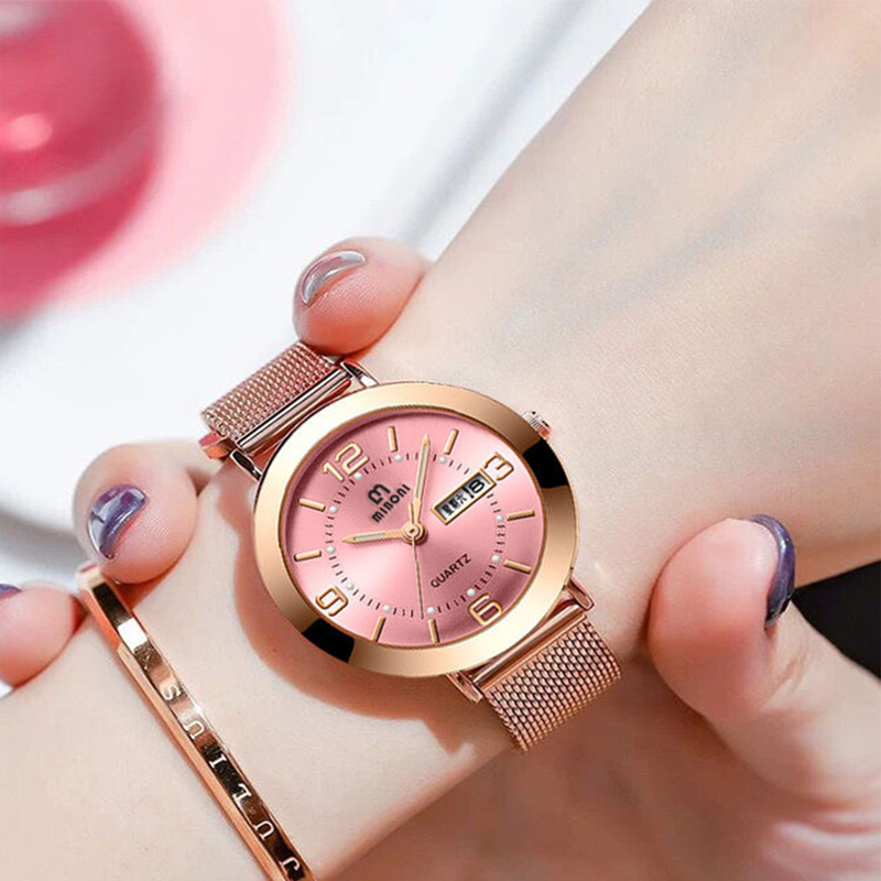 MW00344 pink goldအသစ်ထွက်တဲ့စတီးကြိုး အကျစ်ဒီဇိုင်းလေးနဲ့ လှနေတဲ့ နာရီလေး
